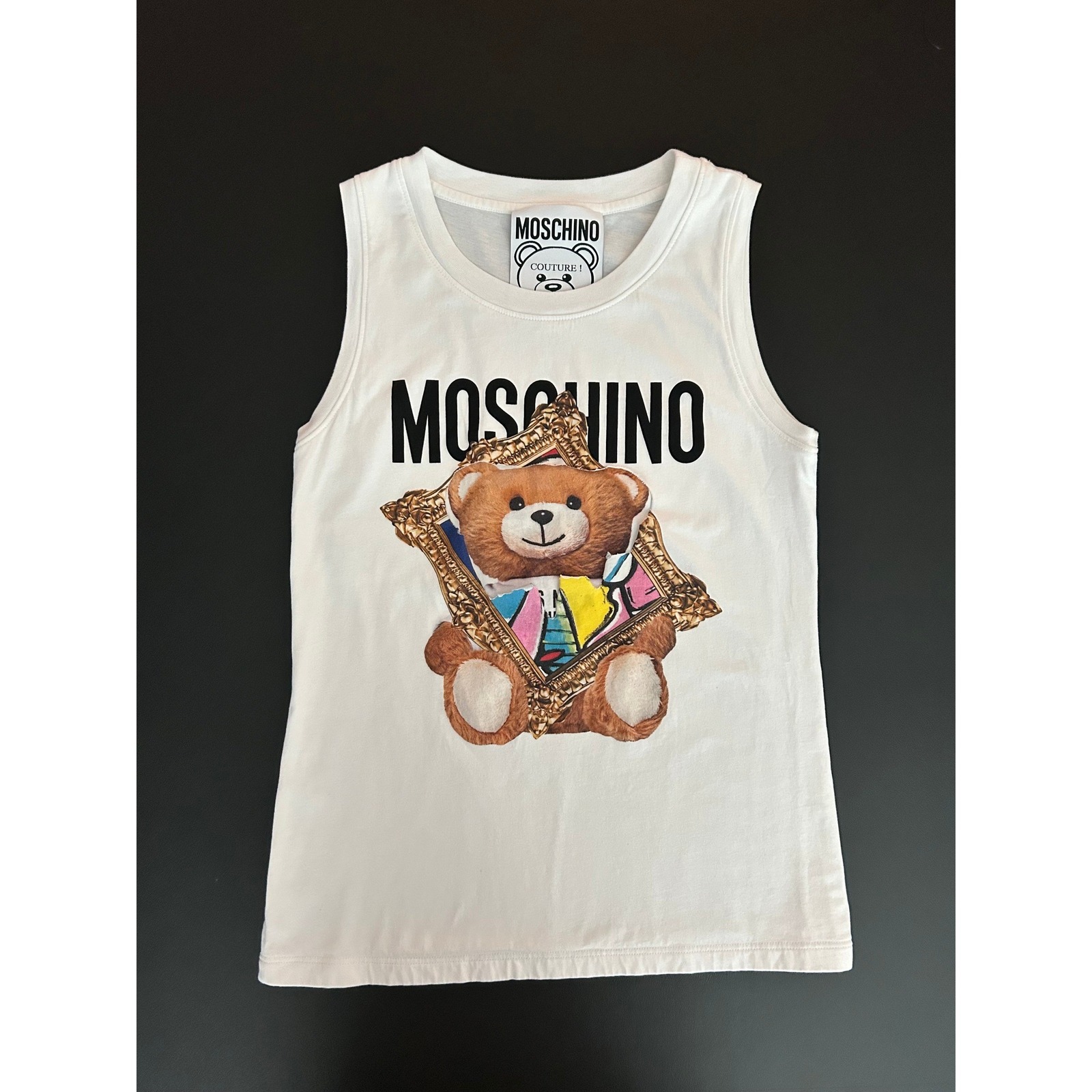 Moschino Couture White Teddy Bear Framed Portrait Tank Top Size 4 (1261)